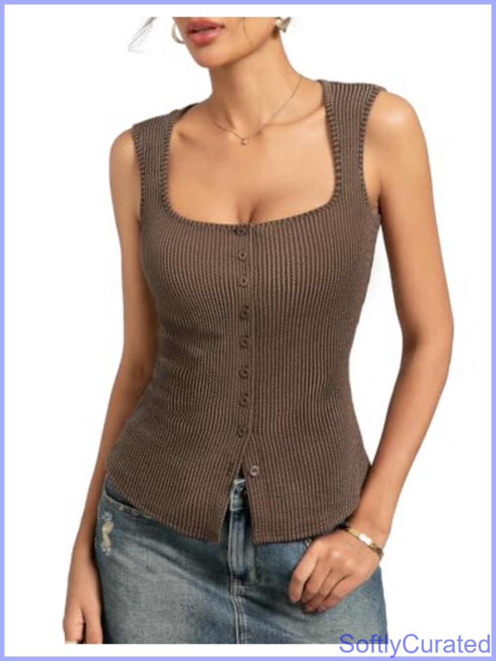 Ribbed Knit Square Neck Button Down Tank Top Slim Fit Summer Vest